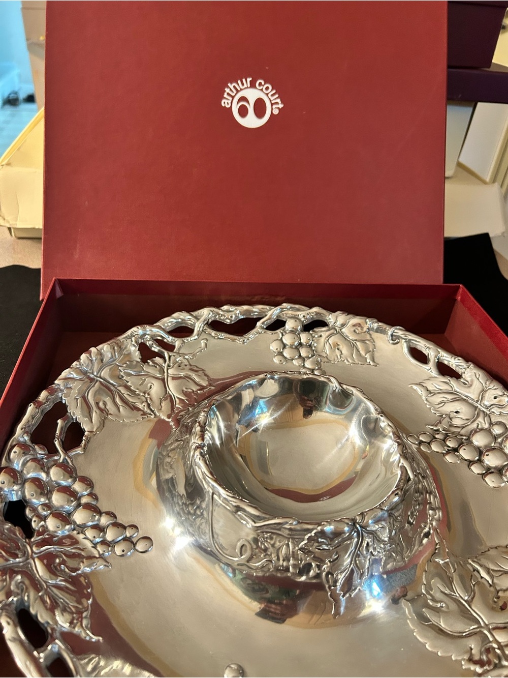 Arthur Court Silver Grape & Vine Pierced chip and dip set with original box